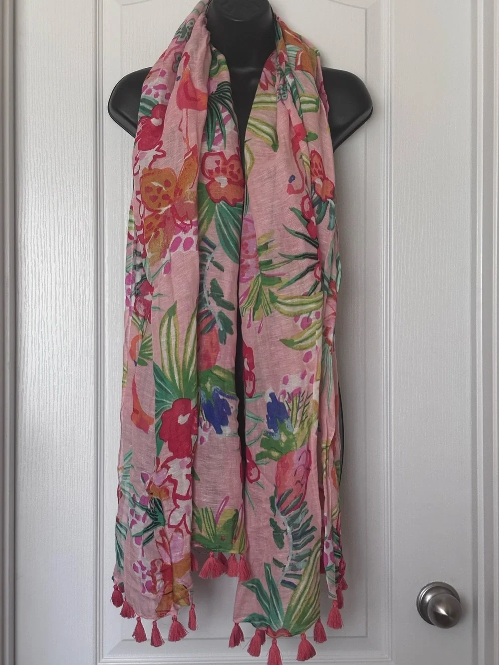 Floral Pink Tassel Scarf - Lightweight Women's Accessory